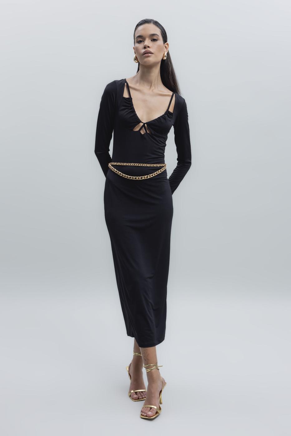 Deep Neck Decolette Midi Pencil Dress Black