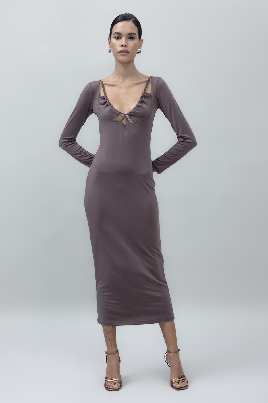 Deep Neck Decolette Midi Pencil Dress Mink