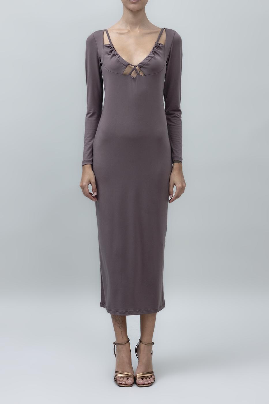 Deep Neck Decolette Midi Pencil Dress Mink