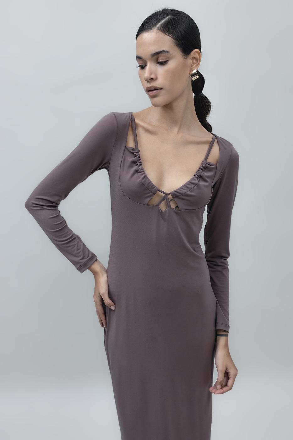 Deep Neck Decolette Midi Pencil Dress Mink
