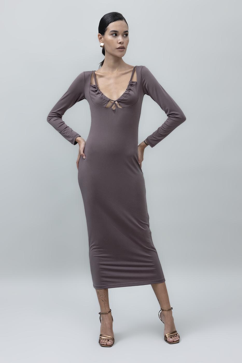 Deep Neck Decolette Midi Pencil Dress Mink