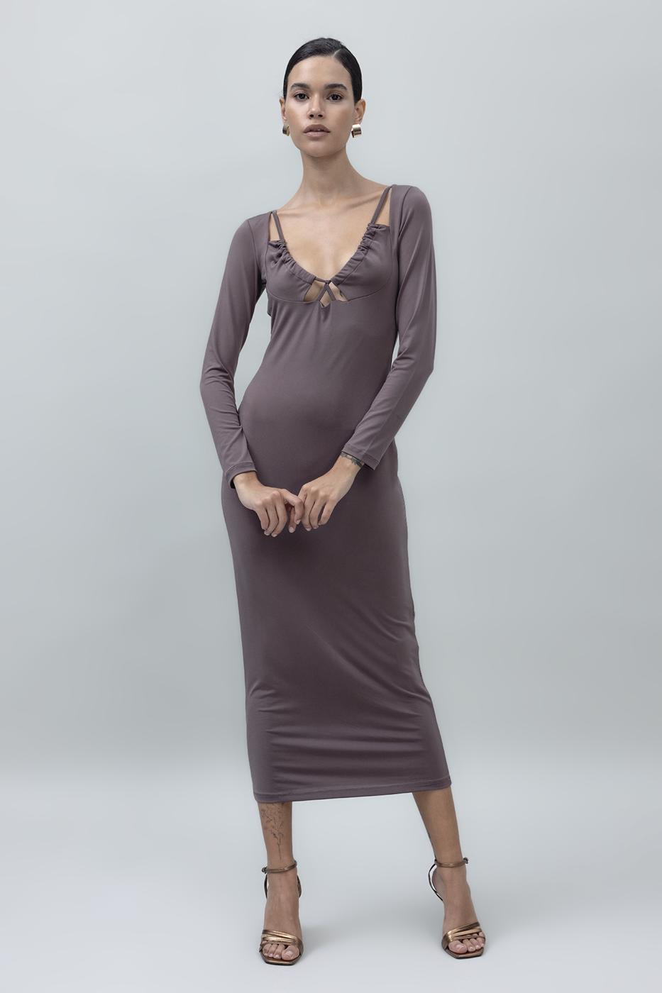 Deep Neck Decolette Midi Pencil Dress Mink