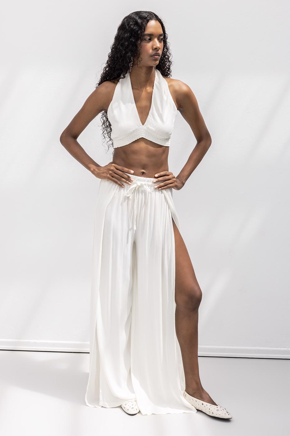Deep Slit Wrap Loose Trousers Ecru