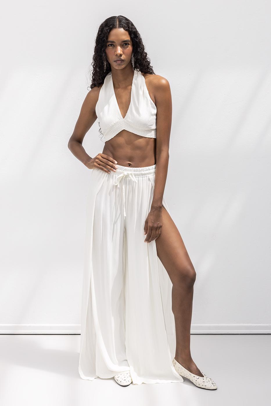 Deep Slit Wrap Loose Trousers Ecru
