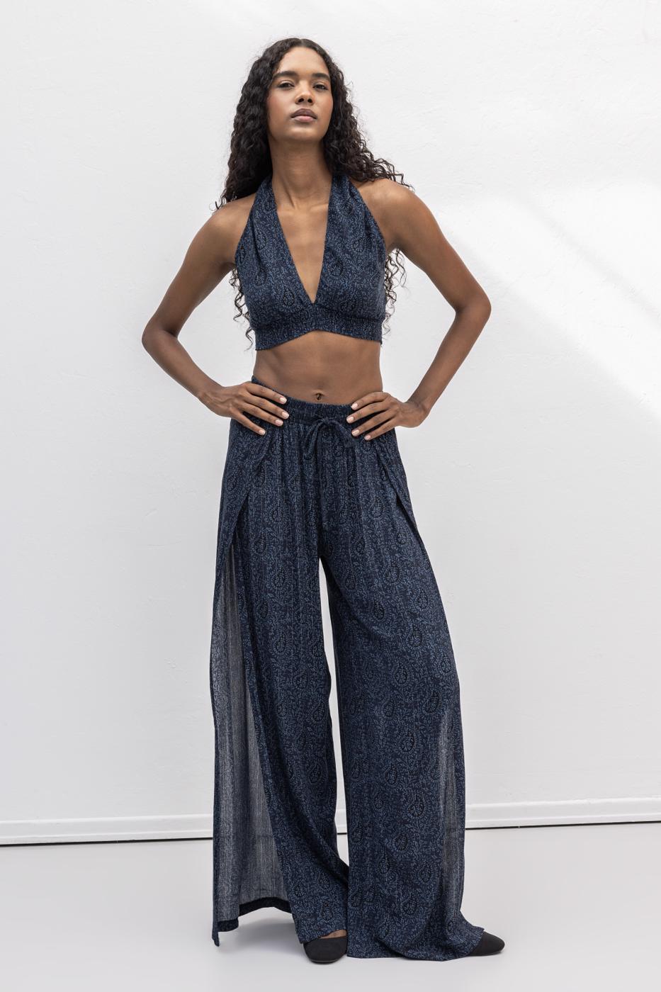 Deep Slit Wrap Loose Trousers Navy