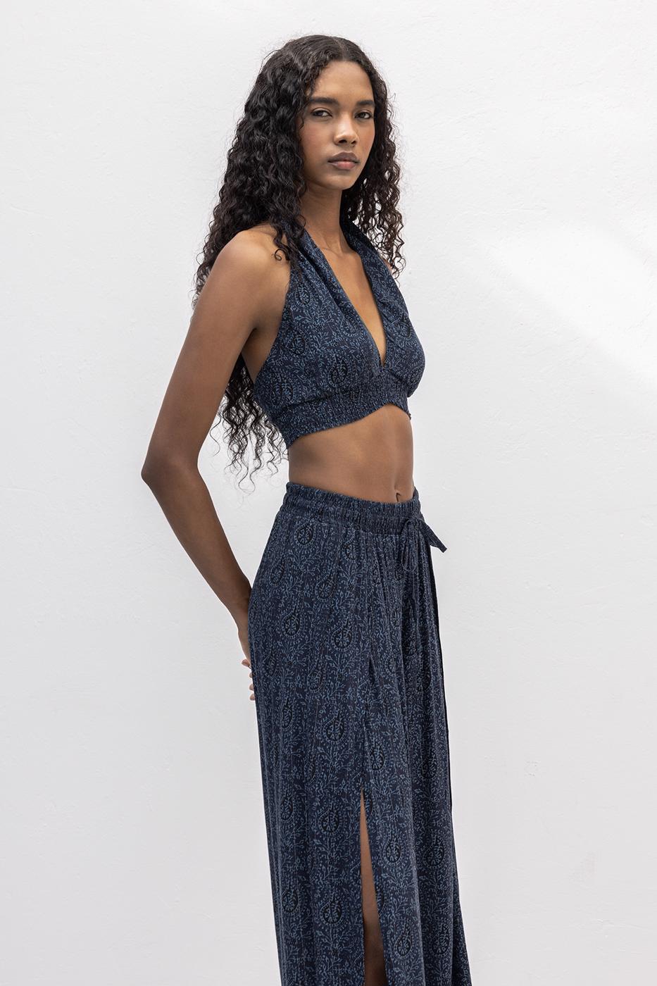 Deep Slit Wrap Loose Trousers Navy