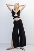 Deep Slit Wide Trousers Black