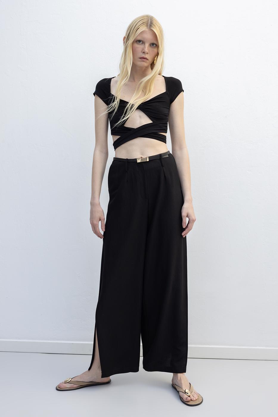 Deep Slit Wide Trousers Black