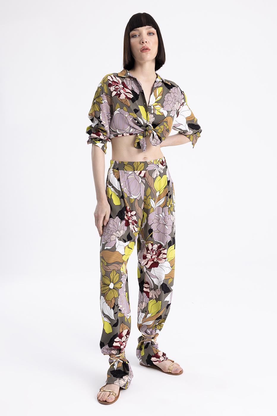 Printed Pleated Satin Pants
