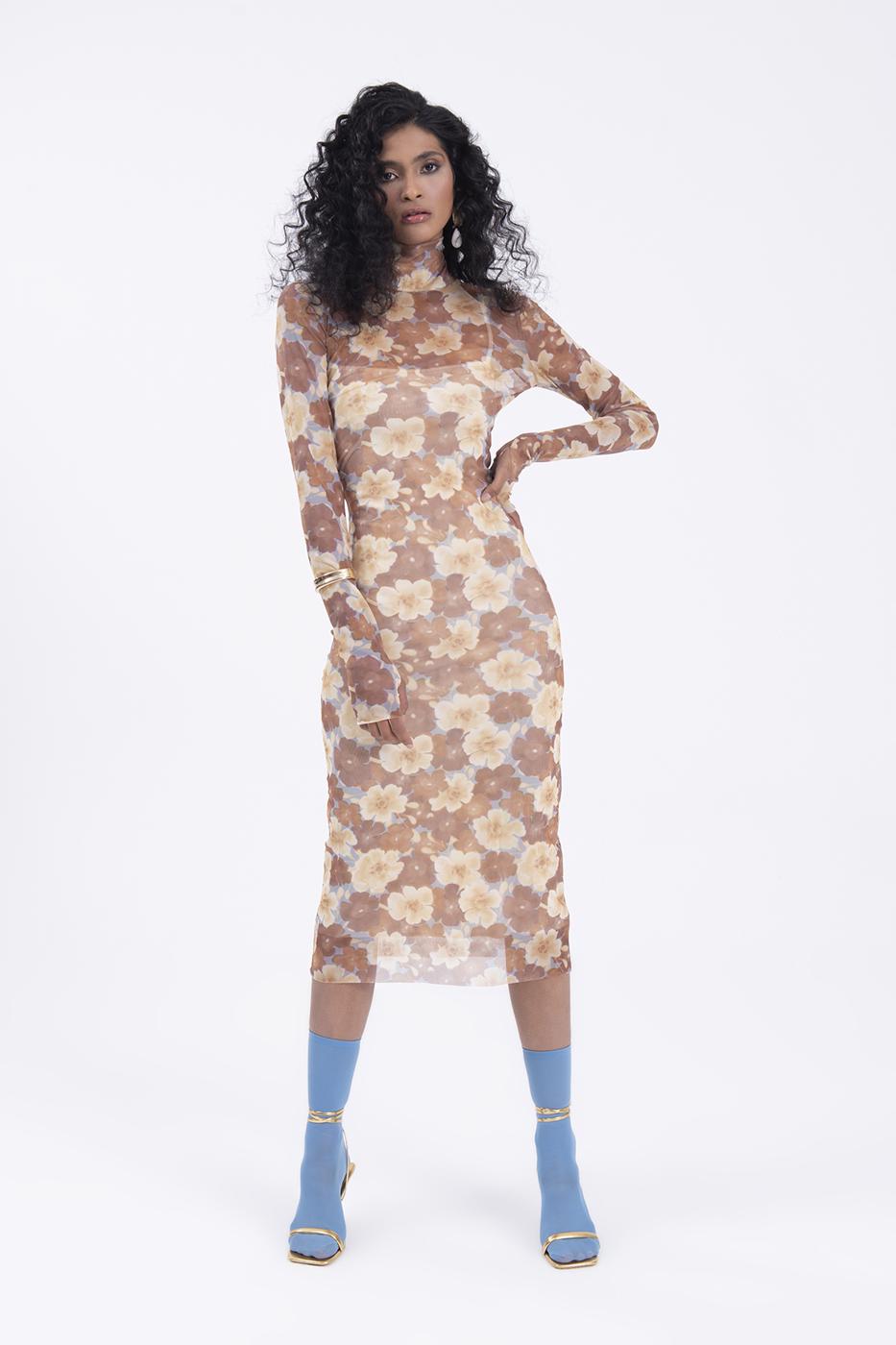 High neck tulle midi dress