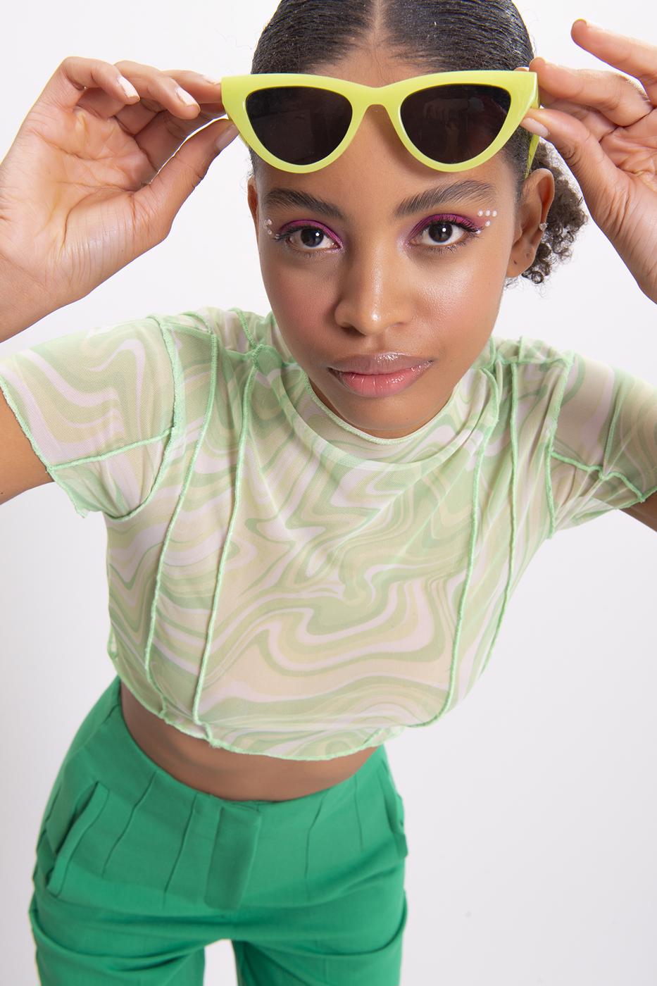 High Neck Short Sleeve Sheer Crop Top