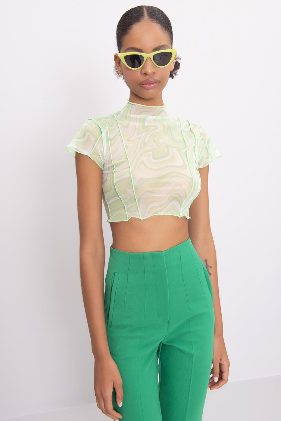 High Neck Short Sleeve Sheer Crop Top
