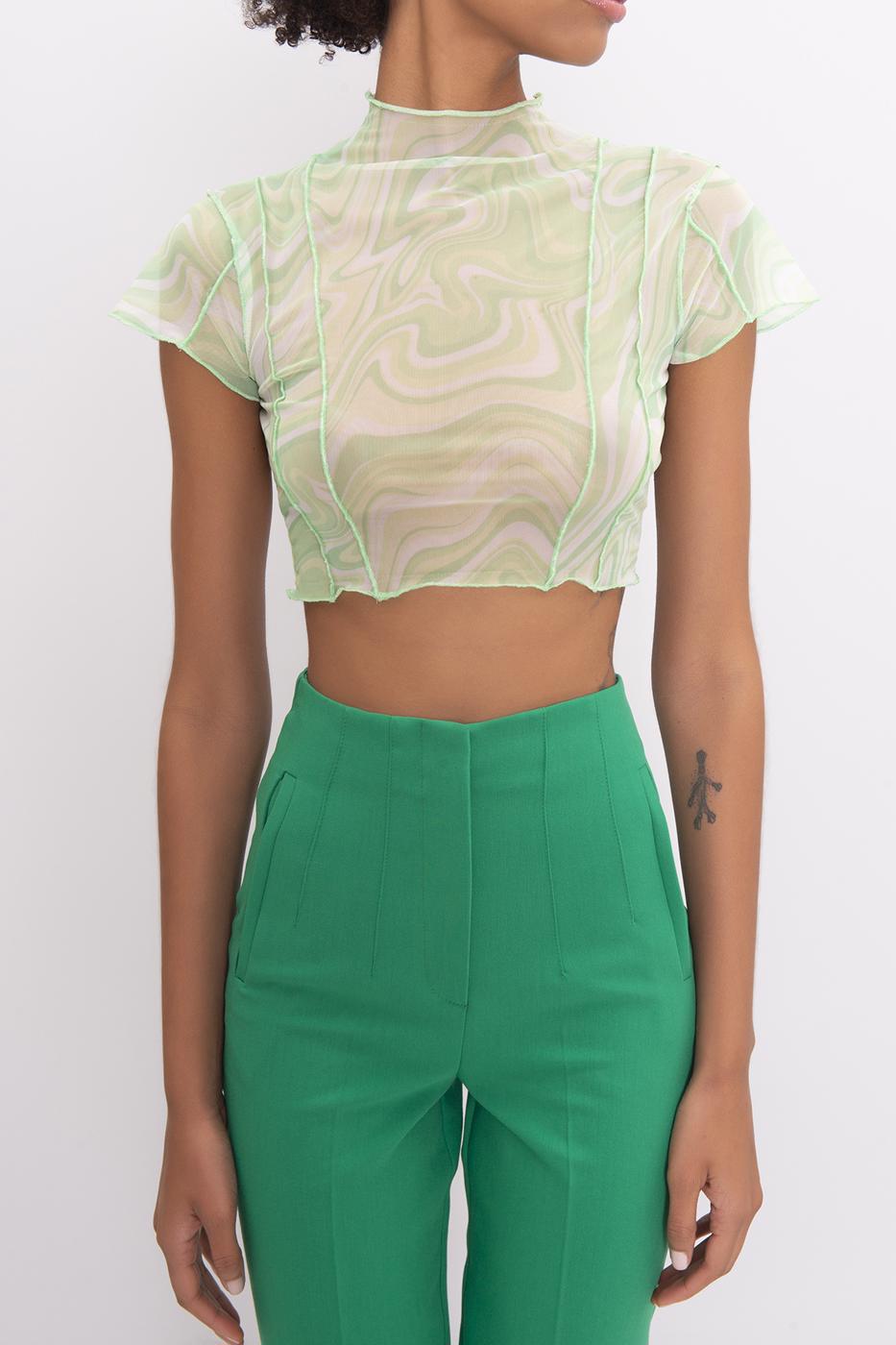 High Neck Short Sleeve Sheer Crop Top