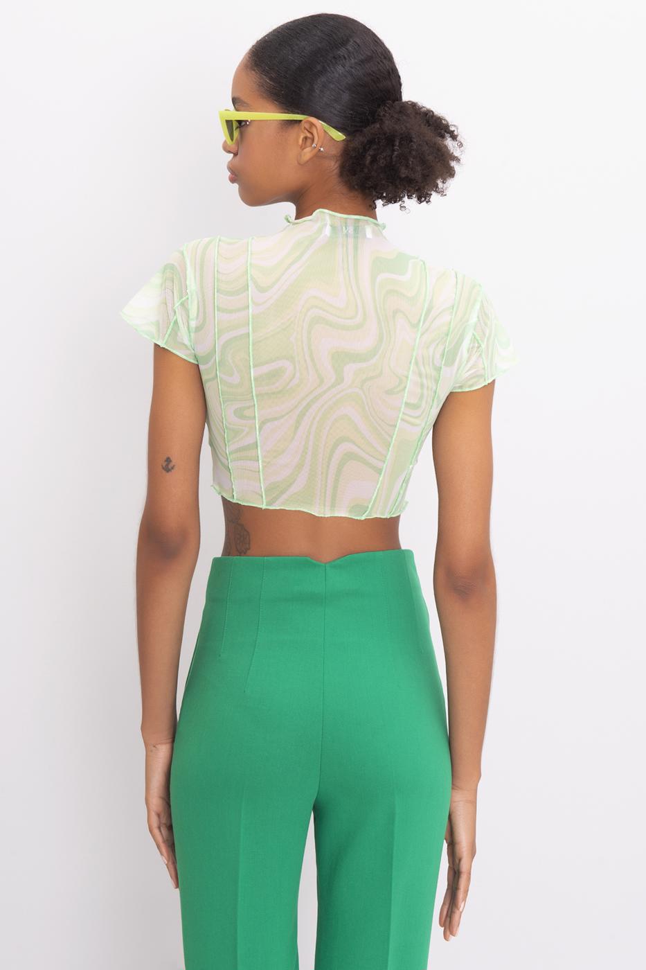 High Neck Short Sleeve Sheer Crop Top