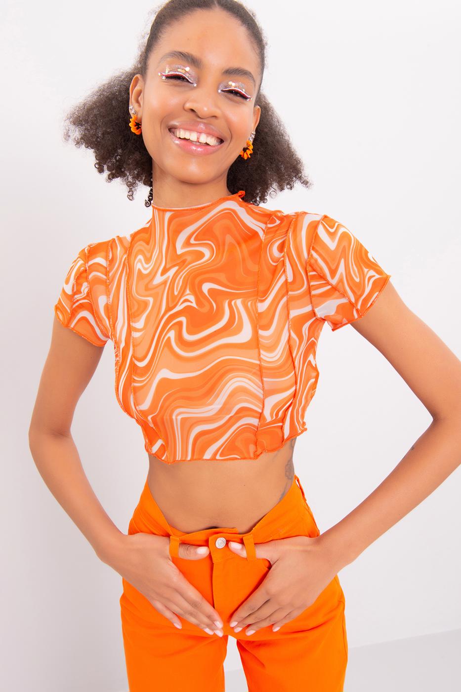 High Neck Short Sleeve Sheer Crop Top