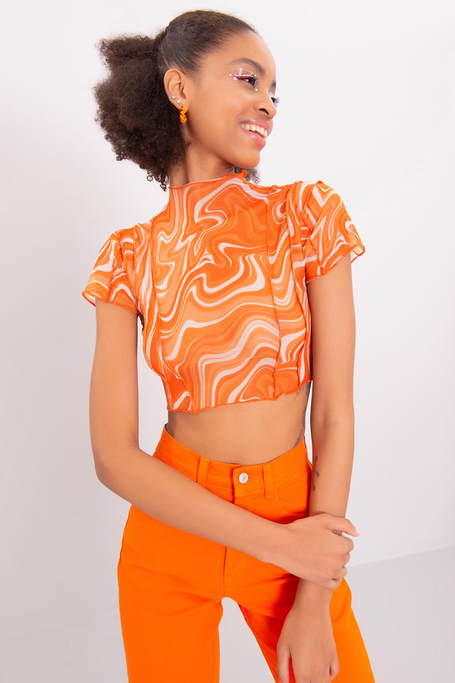 High Neck Short Sleeve Sheer Crop Top