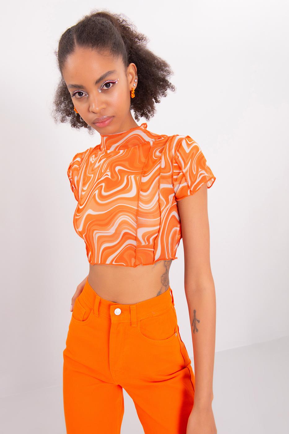 High Neck Short Sleeve Sheer Crop Top