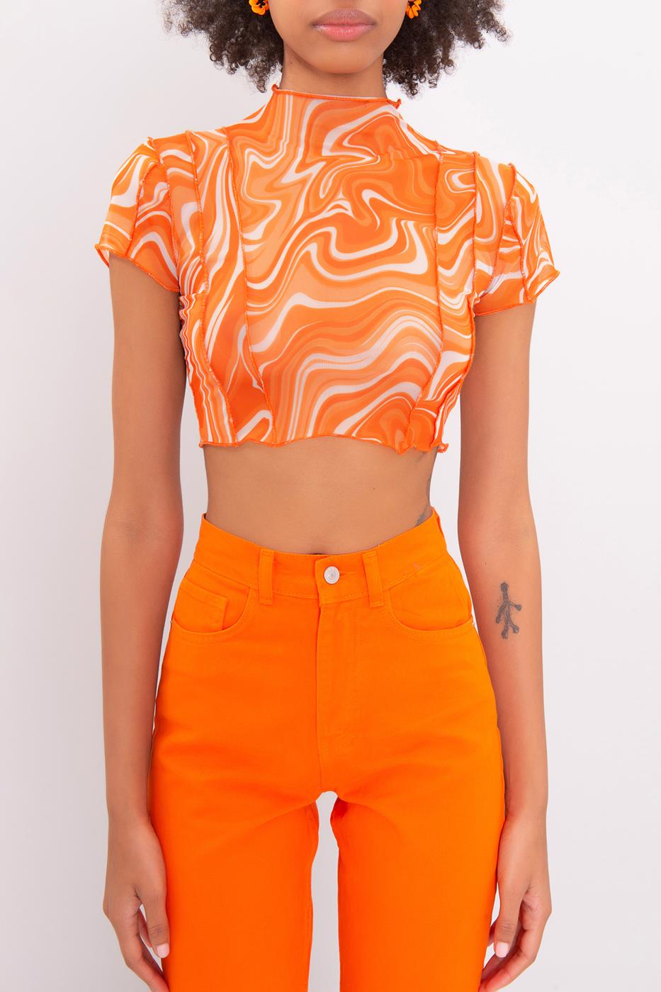 High Neck Short Sleeve Sheer Crop Top