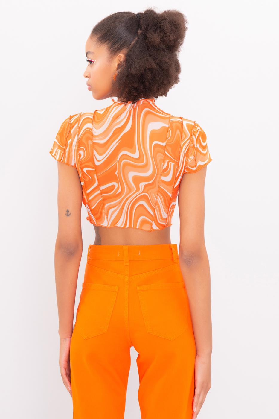 High Neck Short Sleeve Sheer Crop Top