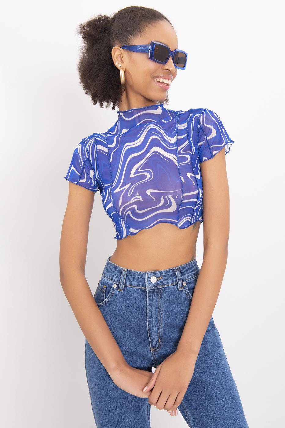 High Neck Short Sleeve Sheer Crop Top