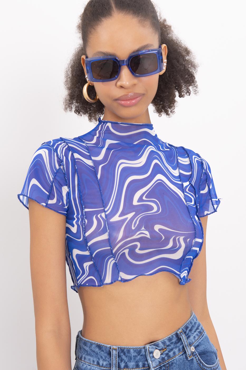 High Neck Short Sleeve Sheer Crop Top
