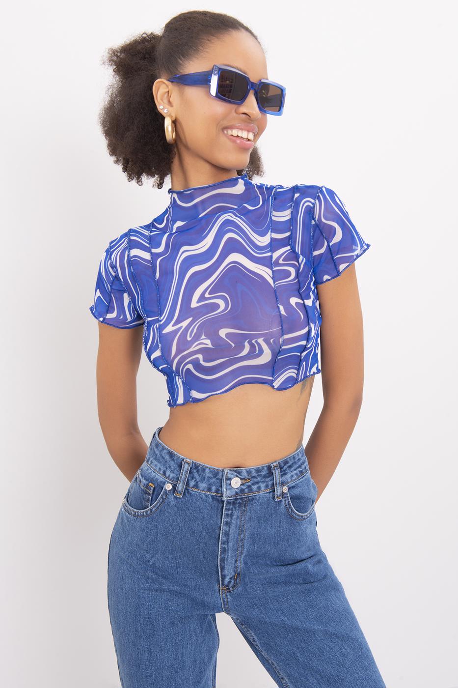 High Neck Short Sleeve Sheer Crop Top