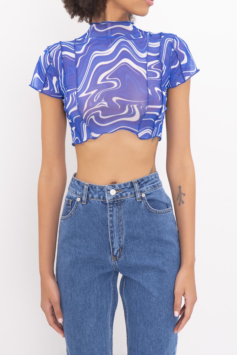 High Neck Short Sleeve Sheer Crop Top