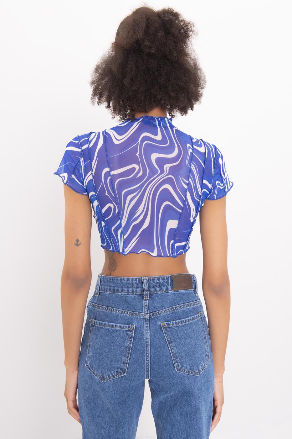 High Neck Short Sleeve Sheer Crop Top