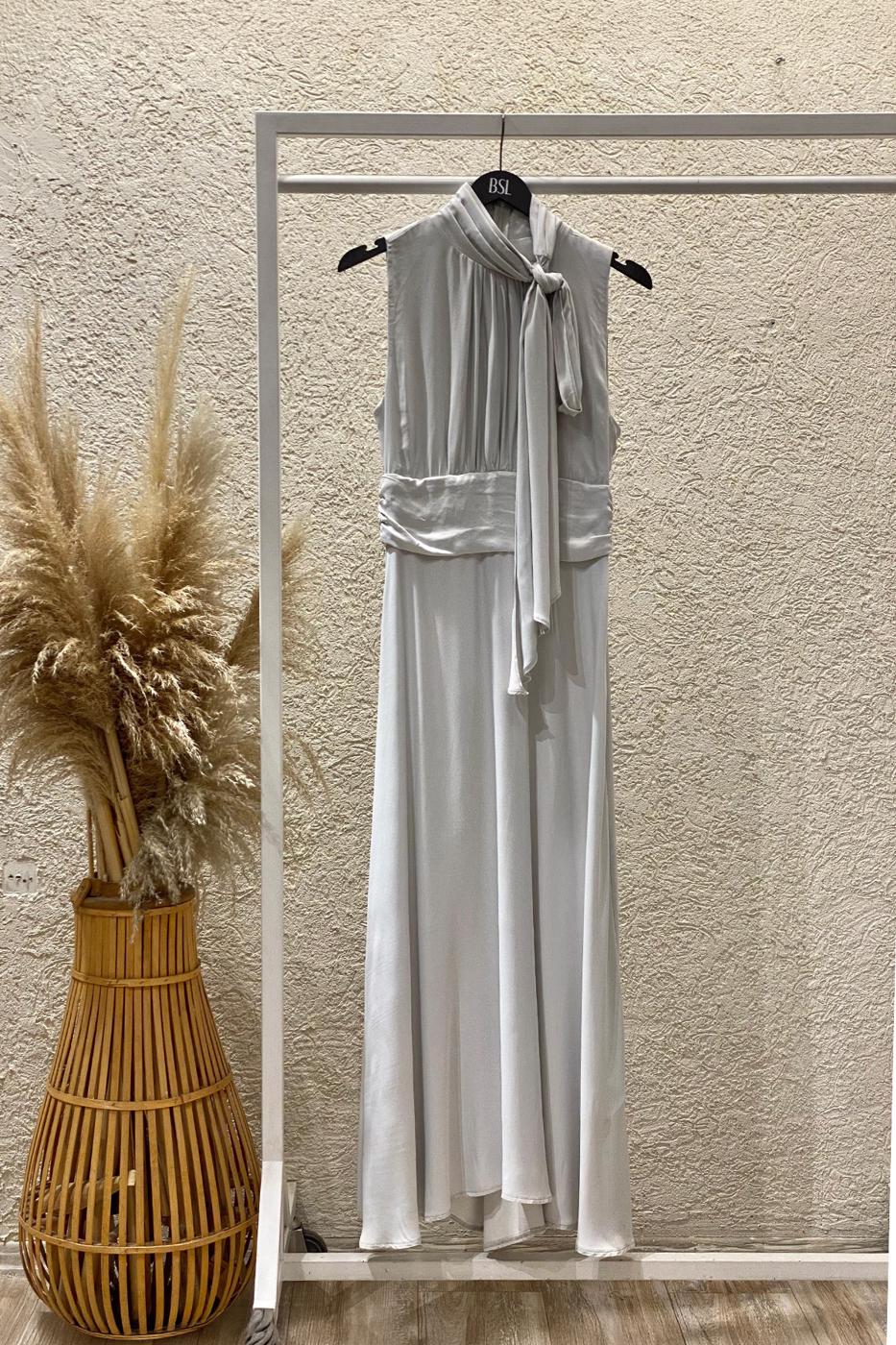 Satin Midi Dress with Stand Collar and Scarf on the Shoulder Grey