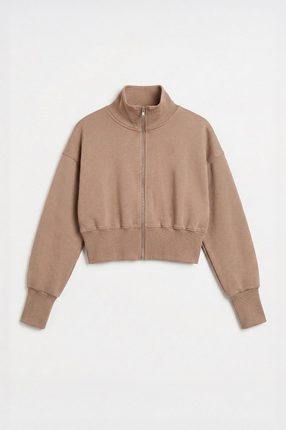 High-Neck Crop Sweatshirt Beige