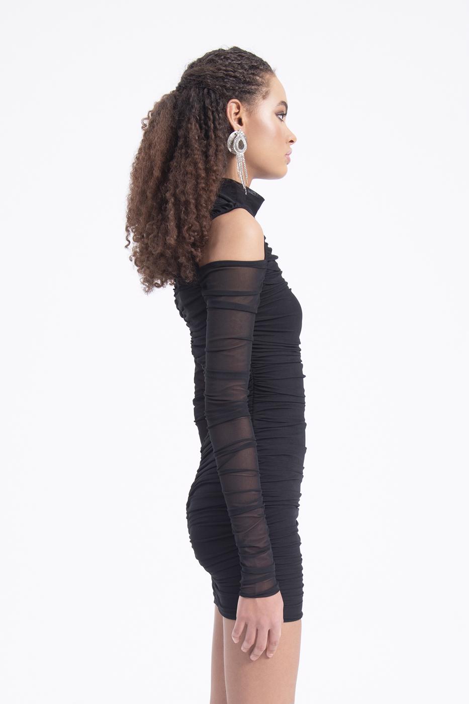 High neck drapped tulle dress