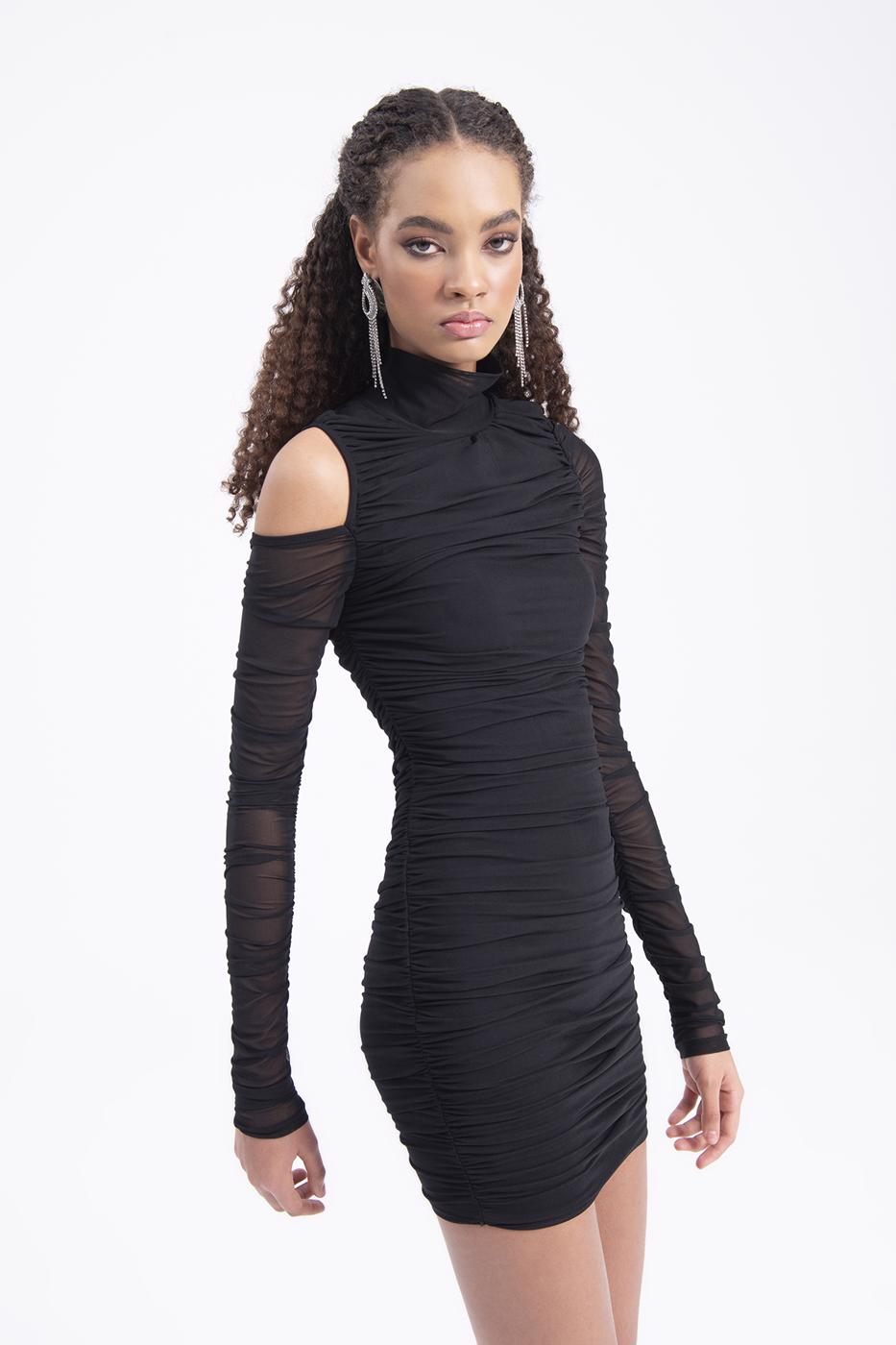 High neck drapped tulle dress