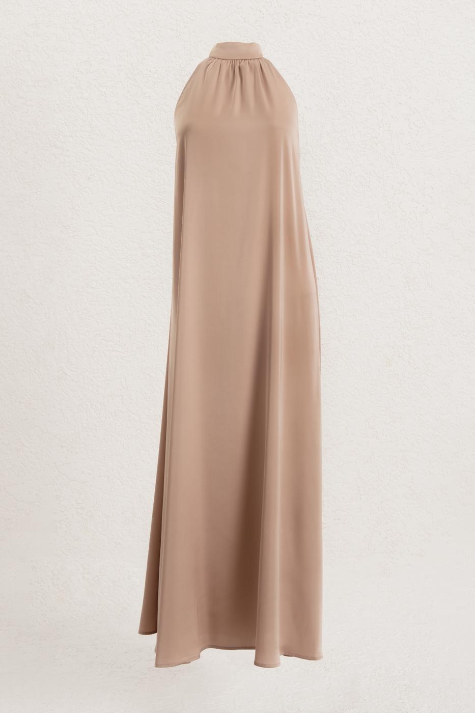 High Collar Oversize Satin Midi Dress Beige