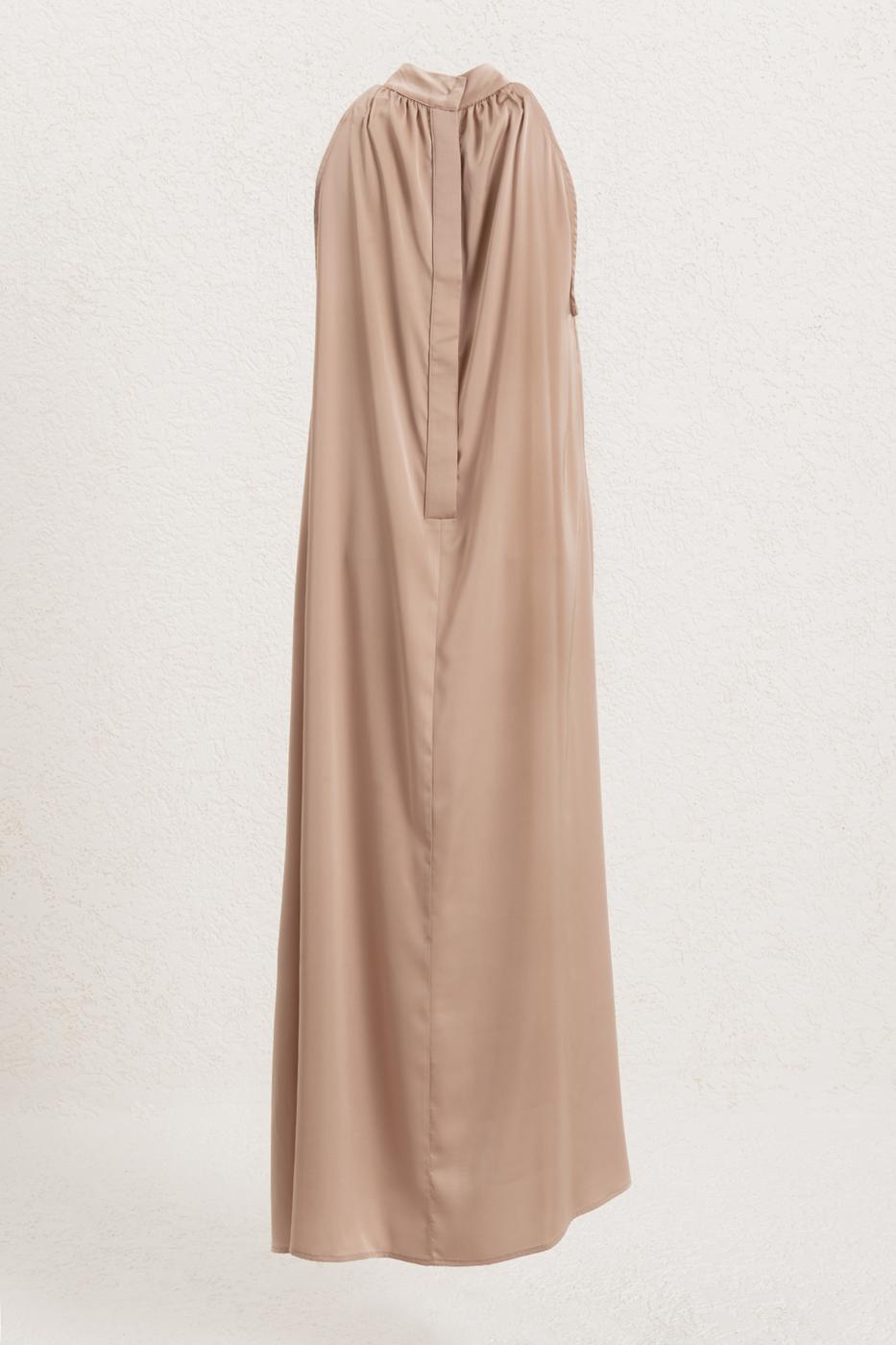 High Collar Oversize Satin Midi Dress Beige