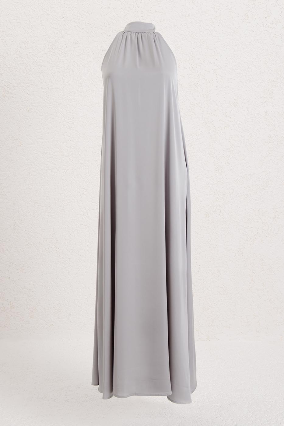 High Collar Oversize Satin Midi Dress Grey