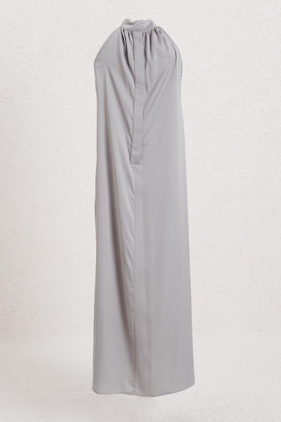 High Collar Oversize Satin Midi Dress Grey