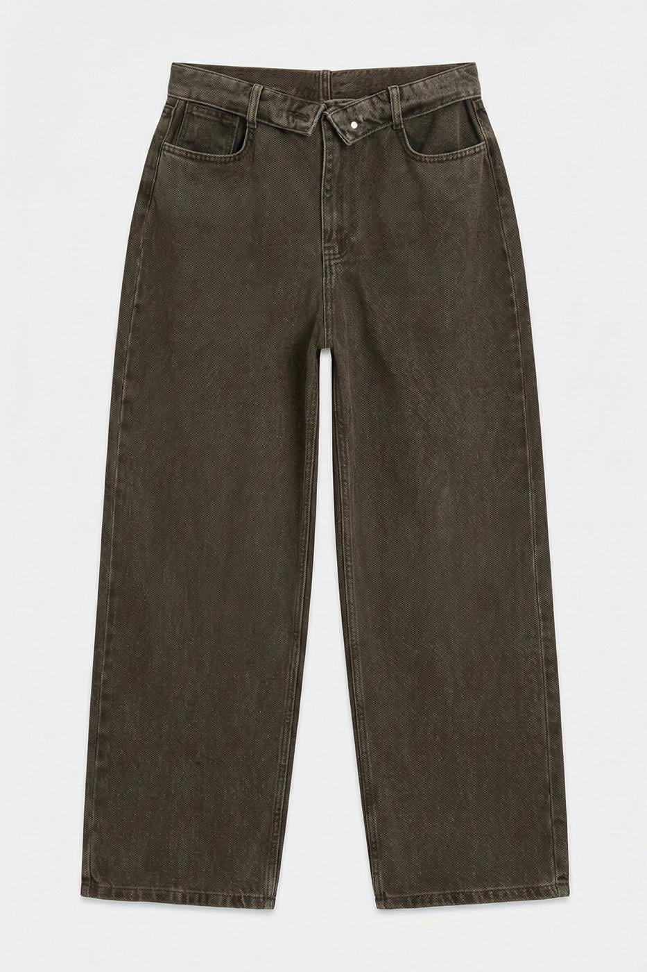 Painted Denim Trousers with Fold-Out Belt Detail Khaki