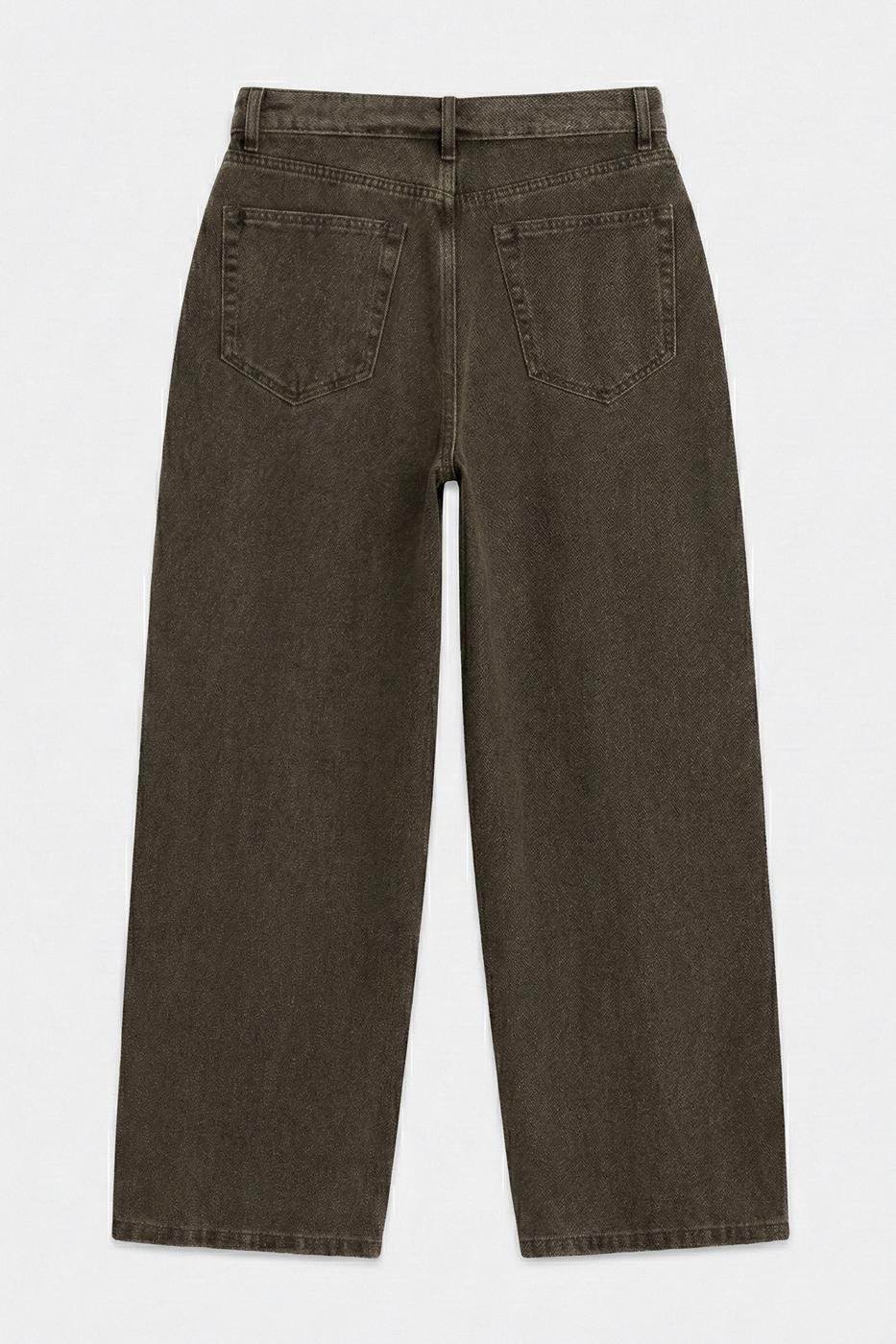 Painted Denim Trousers with Fold-Out Belt Detail Khaki