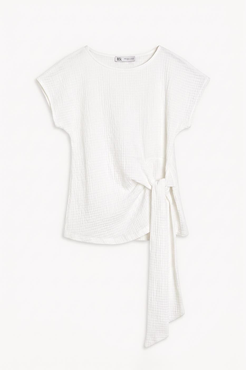 Textured Dropped Sleeve Tie-Up Blouse White