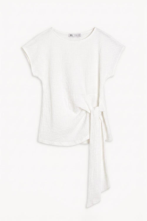 Textured Dropped Sleeve Tie-Up Blouse White