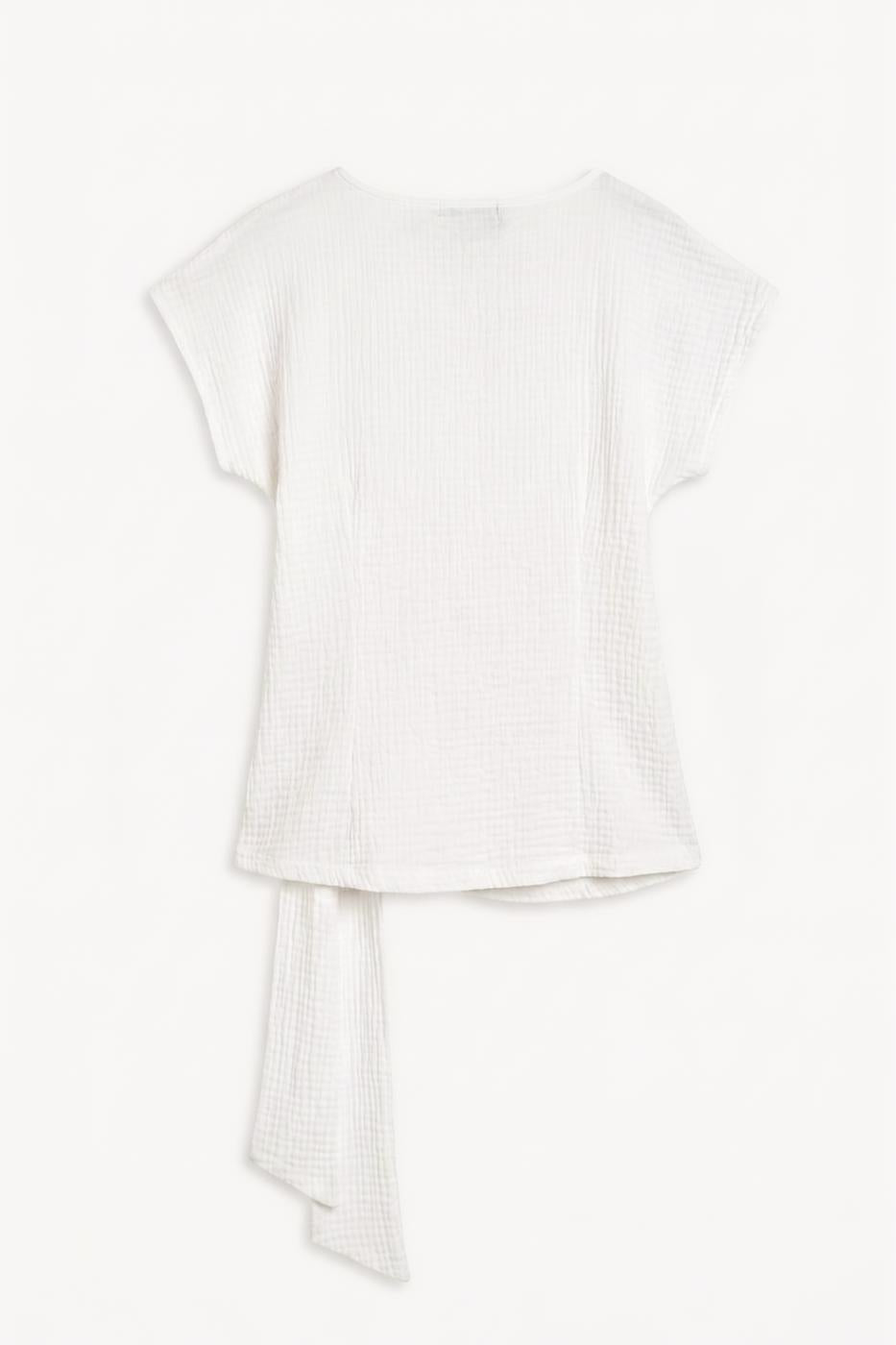 Textured Dropped Sleeve Tie-Up Blouse White