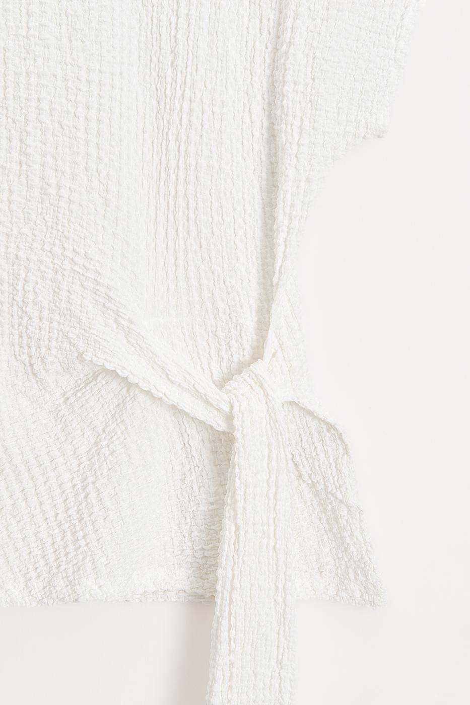 Textured Dropped Sleeve Tie-Up Blouse White
