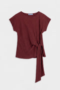 Textured Dropped Sleeve Tie-Up Blouse Burgundy