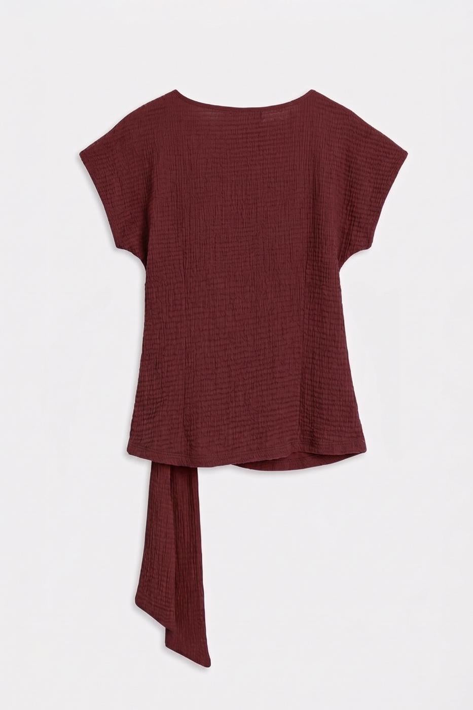 Textured Dropped Sleeve Tie-Up Blouse Burgundy