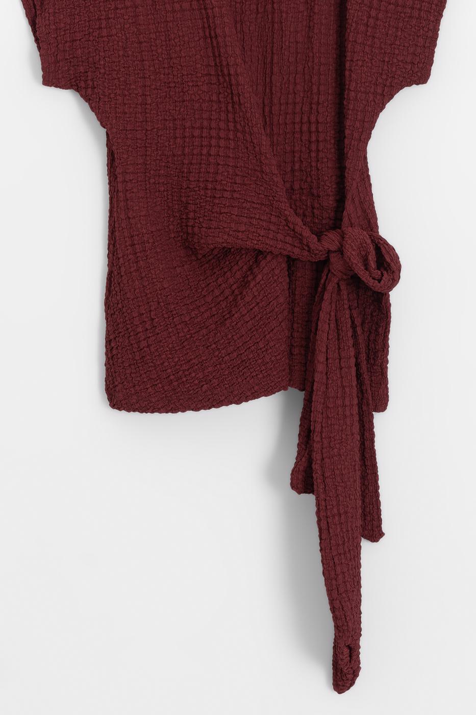 Textured Dropped Sleeve Tie-Up Blouse Burgundy