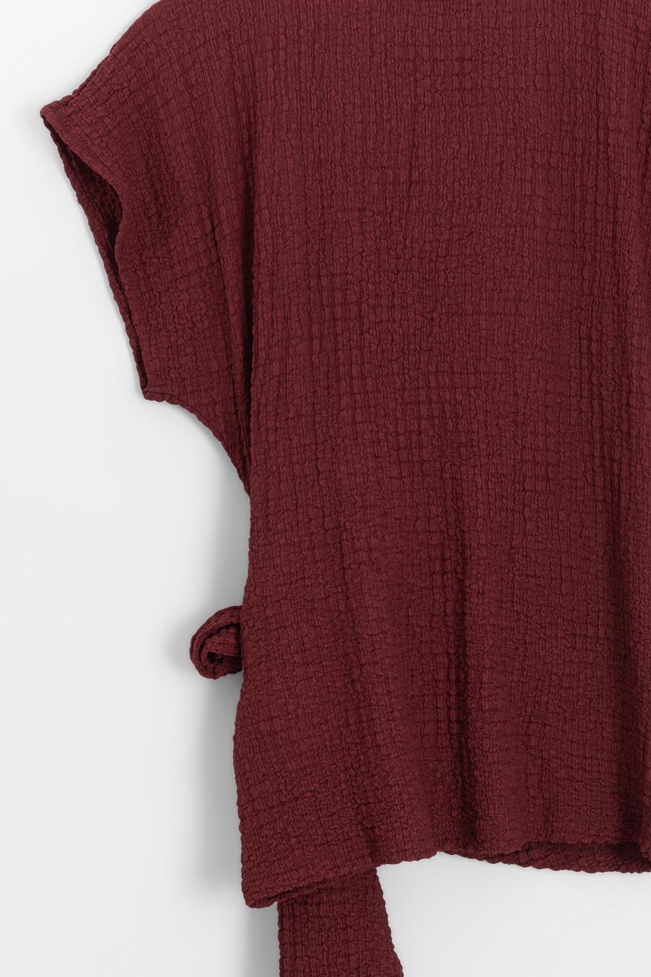 Textured Dropped Sleeve Tie-Up Blouse Burgundy