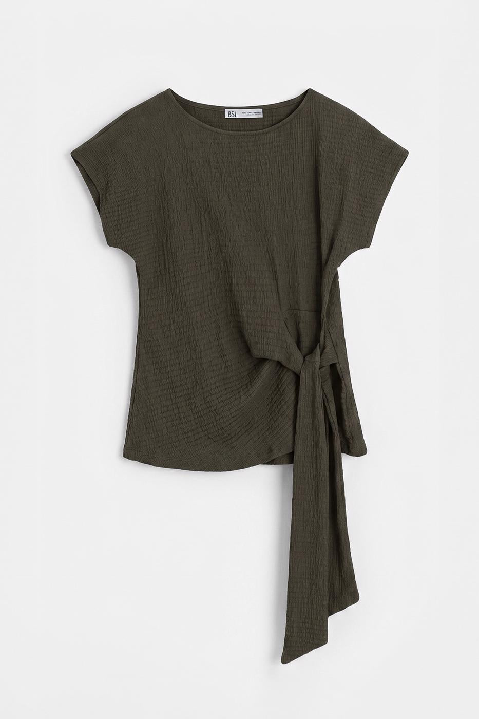 Textured Dropped Sleeve Tie-Up Blouse Khaki