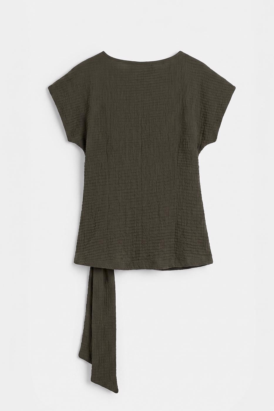 Textured Dropped Sleeve Tie-Up Blouse Khaki