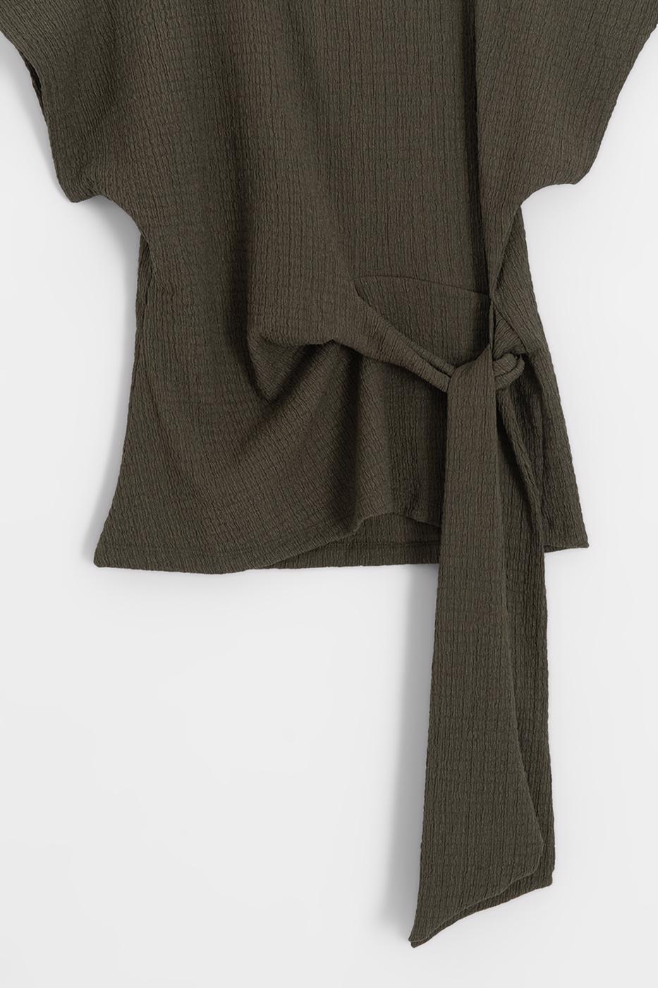 Textured Dropped Sleeve Tie-Up Blouse Khaki