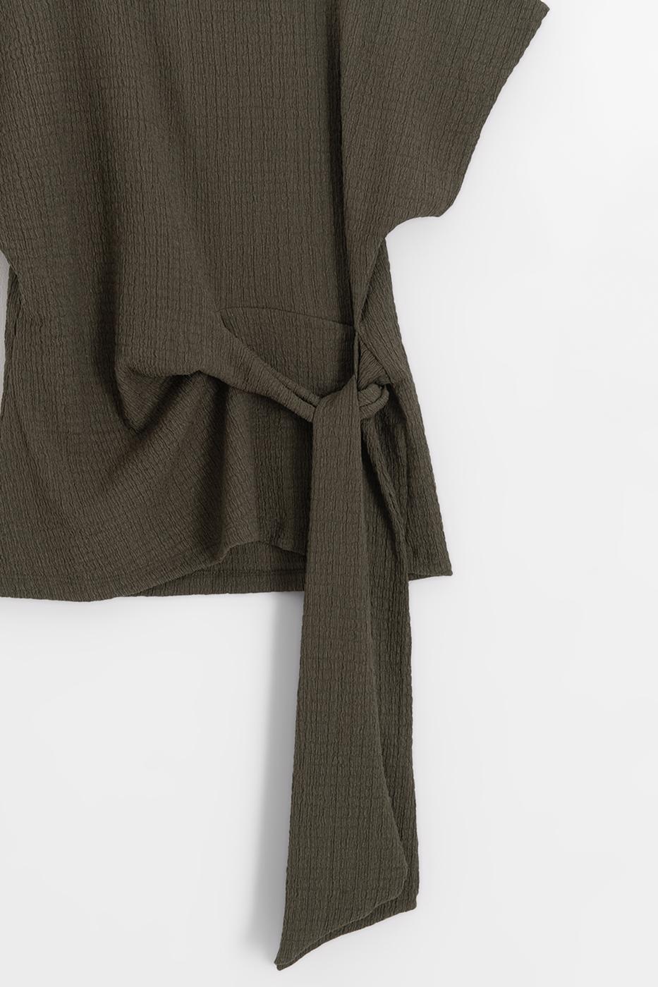 Textured Dropped Sleeve Tie-Up Blouse Khaki